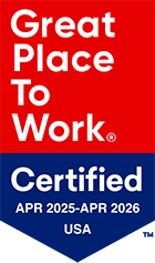 Red and blue badge with white text reads: “Great Place to Work Certified, APR 2025–APR 2026, USA.”.