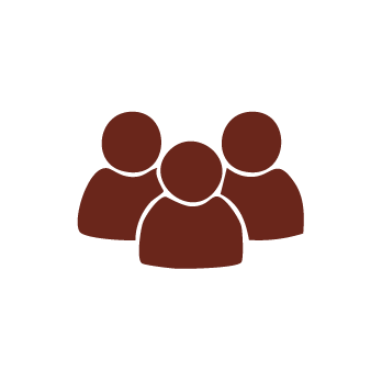 Simple brown icon of three people, with one figure in front and two slightly behind, representing a group or community, on a light gray background.