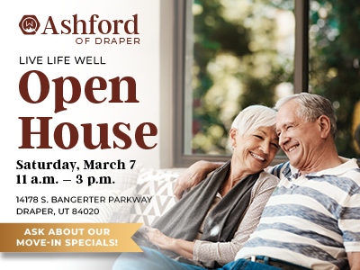 Smiling senior couple sits on a couch in a bright room. Text reads: "Ashford of Draper Open House, Saturday, March 7, 11 a.m.–3 p.m., 14178 S. Bangerter Parkway, Draper, UT 84020. Move-in specials available.