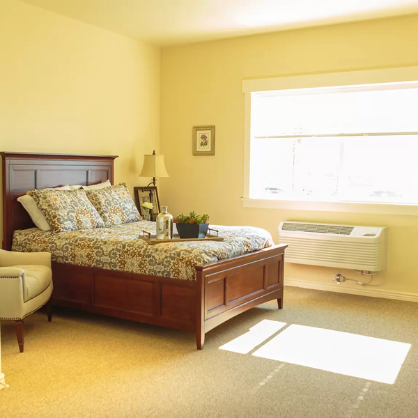 A sunlit bedroom with a wooden bed, patterned bedding, an armchair, bedside table with a lamp, wall art, potted plants, and a large window with an air conditioning unit below.