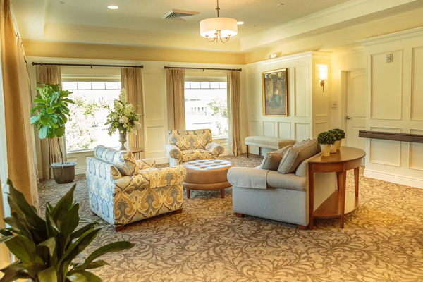 A bright, elegant living room with patterned armchairs, a light blue sofa, a round ottoman, large windows with curtains, plants, and framed artwork on cream-colored paneled walls.