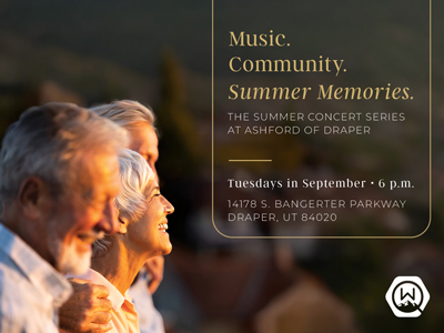 Three smiling older adults enjoy a sunset outdoors. Text promotes a summer concert series at Ashford of Draper, Utah, on Tuesdays in September at 6 p.m. Address and community logo are included.