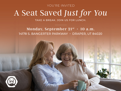 Two women smiling and sitting together on a sofa, one holding a mug. Text above invites people to a lunch event on September 21 at 10 a.m. in Draper, Utah.